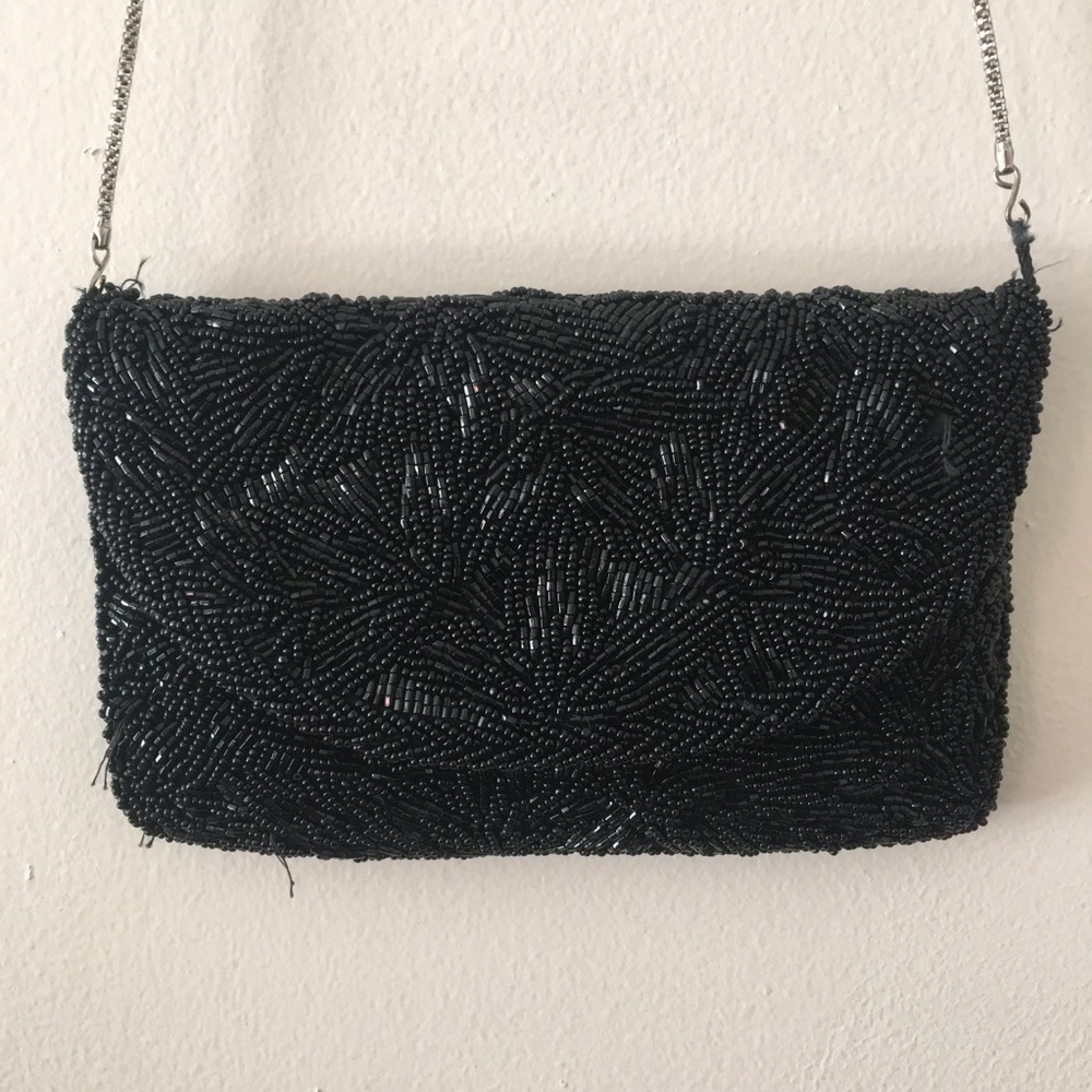 Black Beaded Long Chain Purse